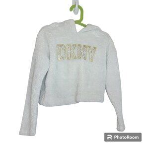 DKNY Hooded Sweater, Girls 5, Off-White w/Gold Raised Graphic, Furry, EUC